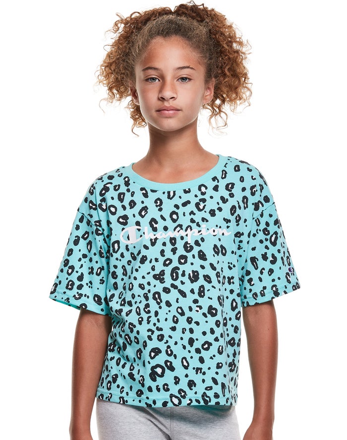 Champion T-Shirt Meisjes - Turquoise/Zwart - Boxy Leopard Print ( 573129-UZB )